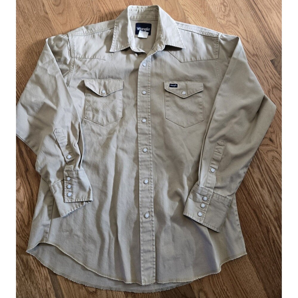 Wrangler Shirt Mens Large Tan Brushpopper Pearl Snap VTG Western Work Cowboy